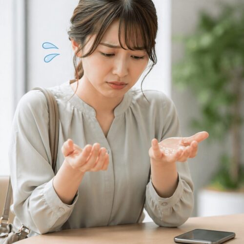 手汗で悩み手のひらを見つめる女性の様子、スマホや日常生活で気になるベタつきのイメージ