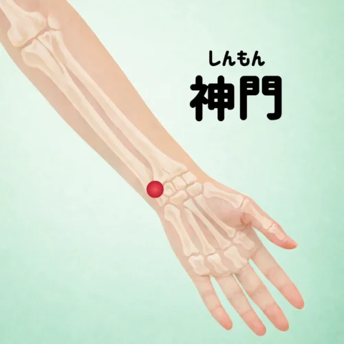 手首の小指側にある神門の位置を示した画像。不眠やストレス、自律神経に使われるツボ
