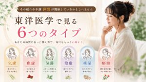 気虚・血虚・気滞・陰虚・痰湿・瘀血の6つの体質タイプについて東洋医学の視点から解説した養生法ハブ記事のアイキャッチ画像