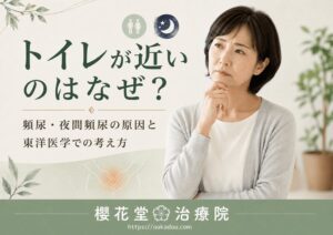 トイレが近いことに悩む女性と、頻尿・夜間頻尿の原因を解説する櫻花堂治療院のアイキャッチ画像